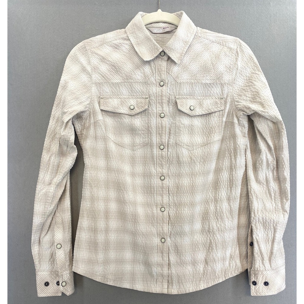 Stio Womens XS Tan Plaid Western Snap Long Sleeve Technical Hiking Shirt
